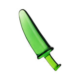 Hand-blown clear glass anal plug with blue swirls and wide base for safe and pleasurable use