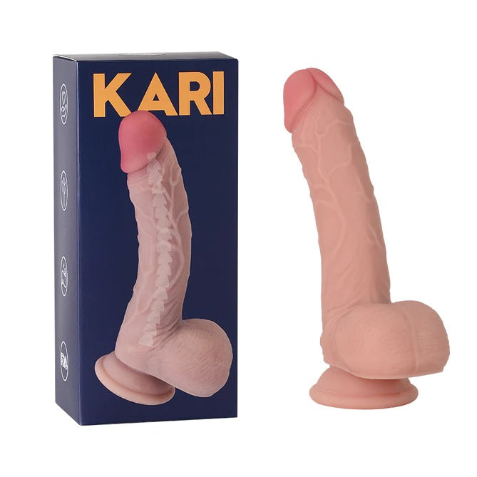 A realistic-looking flesh-colored dildo with a curved shaft and suction cup base