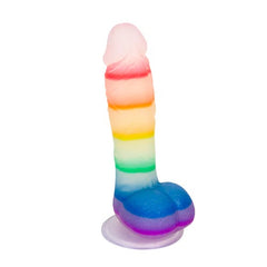 Colorful silicone dildo with rainbow design, perfect for LGBTQ+ pride celebrations and self-pleasure