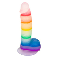 Multicolored jelly dildo representing LGBTQ+ community with pride and joy