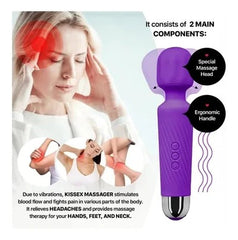 Masajeador Leonard Wand product packaging featuring benefits and usage instructions