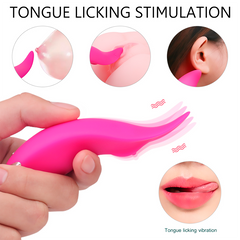 Lengua Vibradora Kissme: A woman holding the product and smiling, showing the compact and discreet size