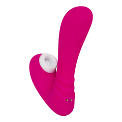 Grey remote control with pink accents and programmable buttons for easy operation