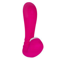 Grey remote control with pink accents and buttons for easy operation