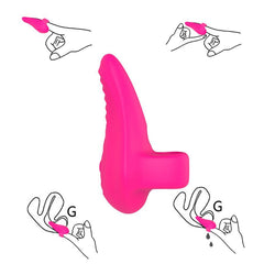 Hand holding a small, pink, silicone finger sleeve for massage or self-care
