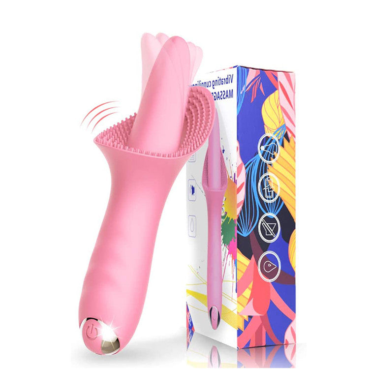 Alt text: A close-up image of a pink vibrating tongue-shaped sex toy, designed for clitoral stimulation and pleasure, with a rounded tip and textured surface