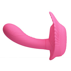 Woman wearing Panty Fancy Clamshell 10 Funciones Pretty Love vibrator in pink lace panties