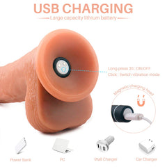 Long, curved, purple silicone dildo vibrator with realistic texture and powerful vibrations