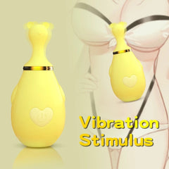 Woman holding the yellow mouse vibrator with a satisfied smile on her face