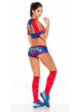Disfraz Futbolista España costume featuring Spain's national team colors and emblem, perfect for soccer fans and Halloween celebrations