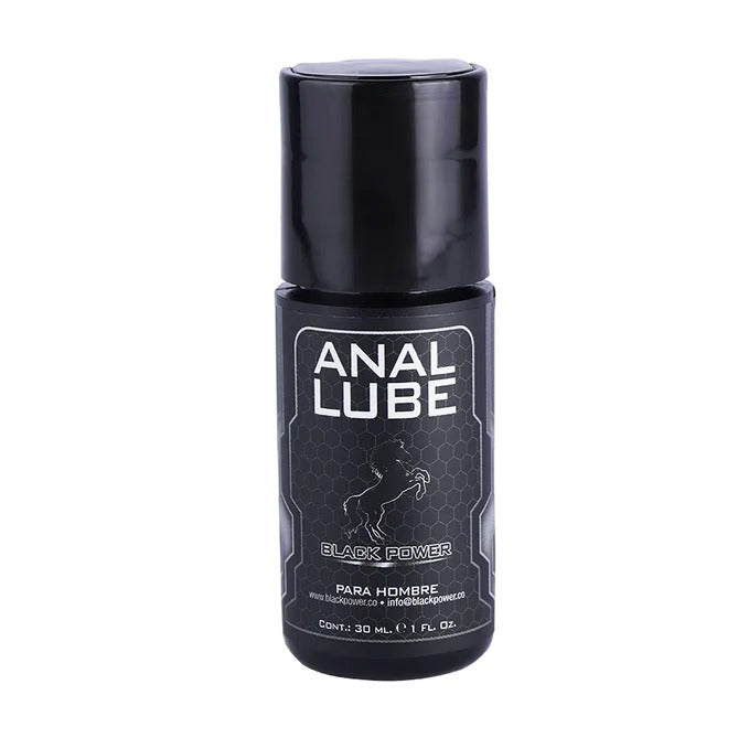 Close-up of black power anal lube bottle with 30 ml capacity