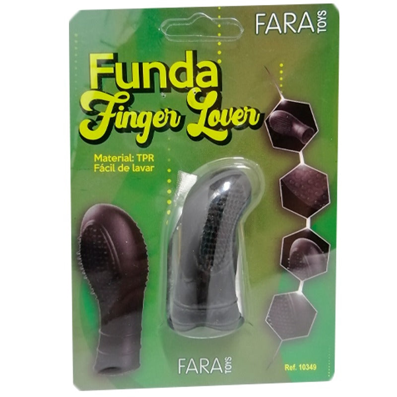 Close-up image of Funda Finger Lover product on hand, showing its flexible silicone material and ribbed texture for enhanced pleasure