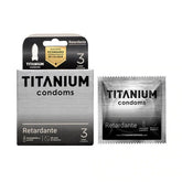 Condones Titanium Retardante x 3 packaging with red and silver design