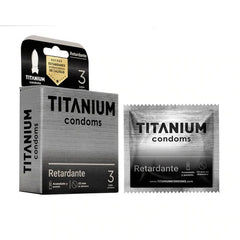 Three individual packs of Condones Titanium Retardante with Spanish labeling