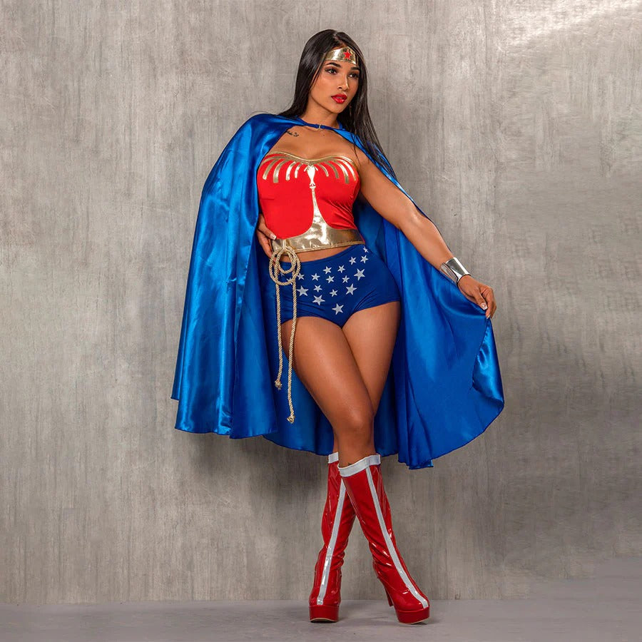 Full-body costume of Wonder Woman for women with red top, blue skirt, gold belt, and star emblem