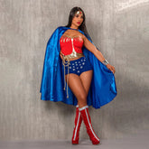 Full-body costume of Wonder Woman for women with red top, blue skirt, gold belt, and star emblem