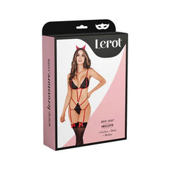 Beautiful woman wearing red and black Diabla Lerot costume with horns, tail and wings, perfect for Halloween or costume party