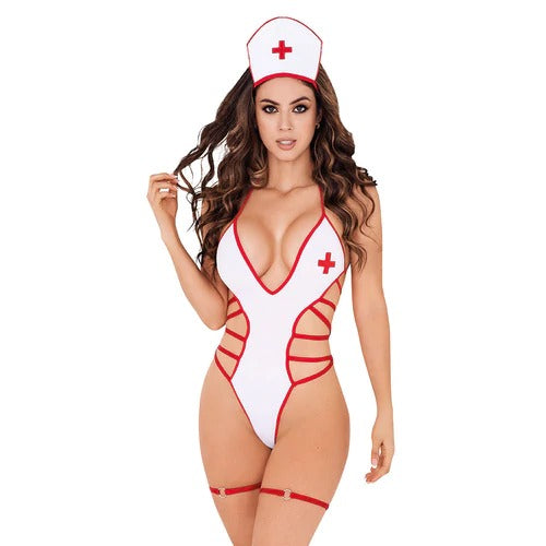 Sexy nurse Lerot costume with white dress, red cross, and nurse hat for Halloween