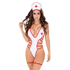 Sexy nurse Lerot costume with white dress, red cross, and nurse hat for Halloween