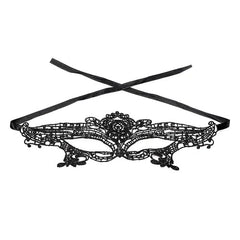 Black satin Antifaz Laila with intricate lace detailing, perfect for masquerade parties and romantic evenings