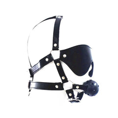 A black synthetic gag with a mask, designed for fetish play