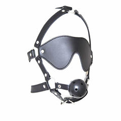 Black synthetic leather mask and gag for BDSM roleplay and bondage games
