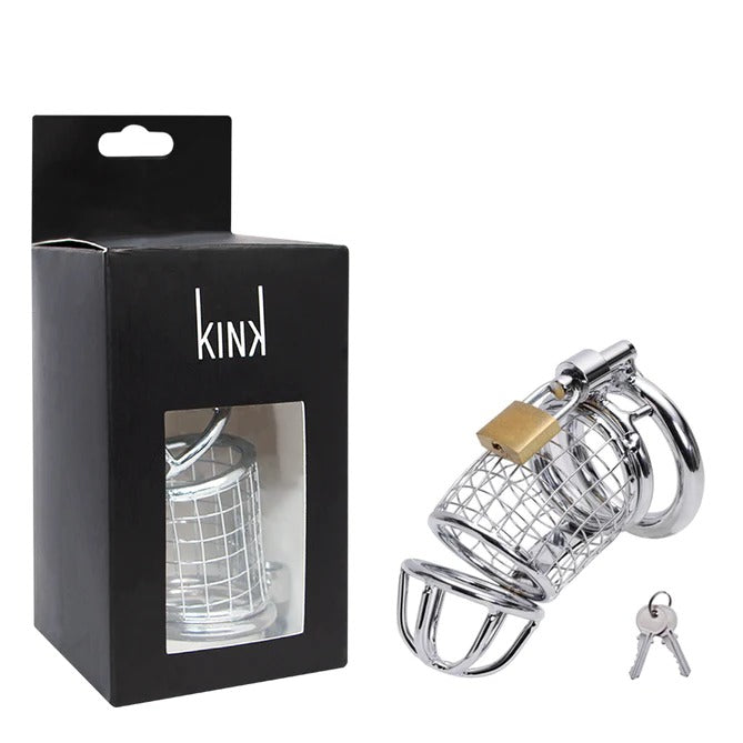 Alt text: Stainless steel penis cage with lock and key, designed for chastity and BDSM play