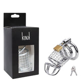 Alt text: Stainless steel penis cage with lock and key, designed for chastity and BDSM play