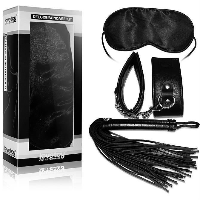 Deluxe bondage kit with handcuffs, blindfold, and whip for adventurous couples