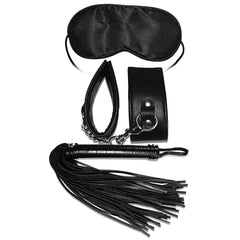 Deluxe bondage kit featuring handcuffs, blindfold, whip, and restraints