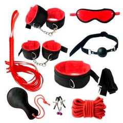 Kit Sado Deluxe Bondage 50 Sombras with handcuffs, blindfold, and whip for sensual bondage play