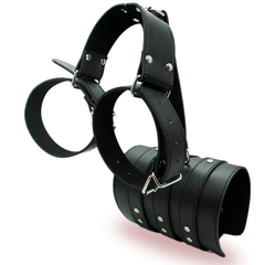 Adjustable black arm and wrist cuffs for bondage and BDSM