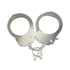 Handcuffs made of durable metal with shiny silver finish
