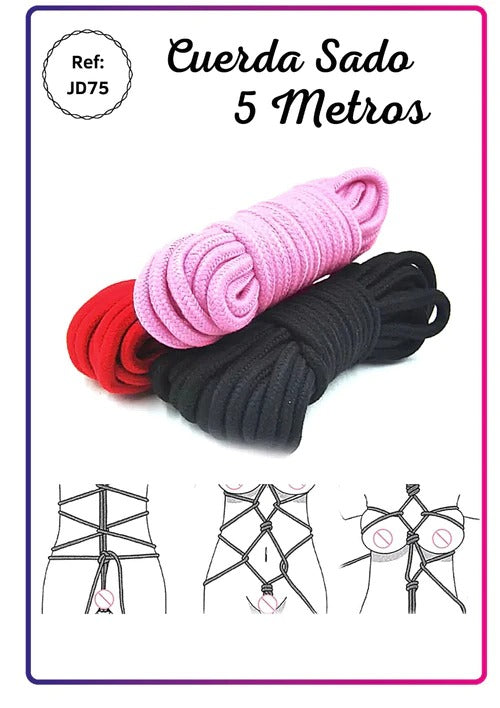 Black and red 5 meter long sado rope for bondage and BDSM play