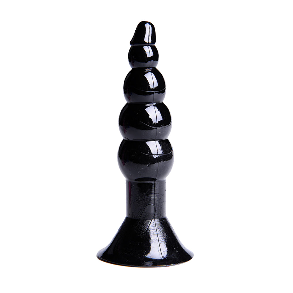 Close-up of black silicone anal plug with Noah's ark themed design on a white background