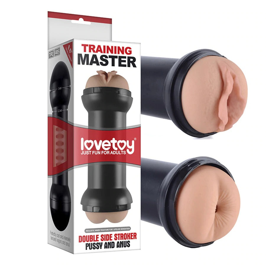 Realistic double orifice male masturbator with textured inner tunnels for enhanced pleasure