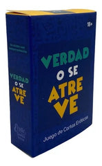 Close-up of Verdad o Reto card game packaging with colorful design