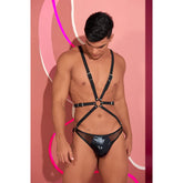 Tanga Arnes Masculino Schiavo Obbediente in black with adjustable straps and metallic rings