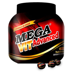 Three tablets of Mega Vit Advanced, the ultimate daily vitamin supplement for optimal health and wellness