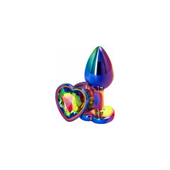 Jewel-adorned rainbow-colored anal plug with heart-shaped base for intimate play