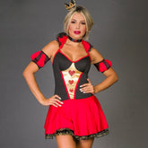 Beautiful, elegant queen of hearts holding a red rose and wearing a crown and flowing gown, symbolizing grace and power