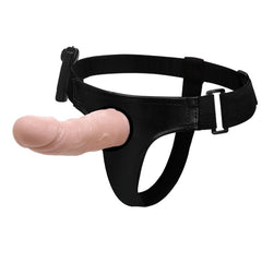 Black harness with hollow vibrating dildo attachment for hands-free pleasure