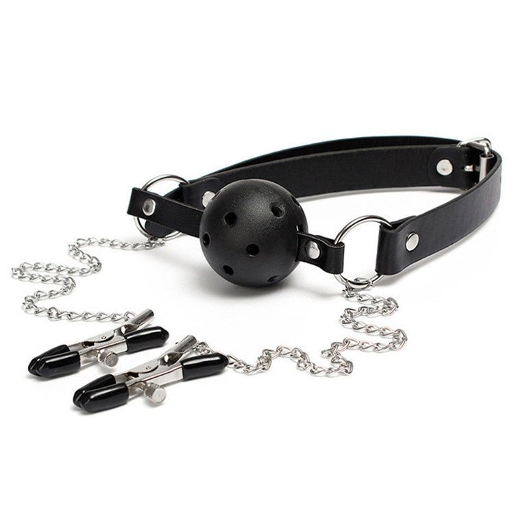 Black leather ball gag with attached nipple clamps for BDSM play