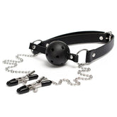 Black leather ball gag with attached nipple clamps for BDSM play