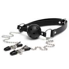 Black leather ball gag with attached nipple clamps for BDSM play