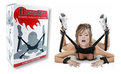 Close up of the metal buckles and chains on the hogtie set