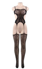 Close-up of woman's body in a sexy sheer bodystocking with floral design