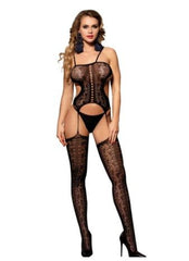 Beautiful woman in black lace bodystocking with high heels posing in a sensual way