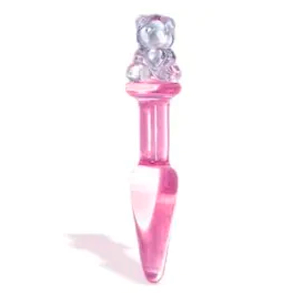 Adorable brown plush teddy bear with a colorful butt plug accessory