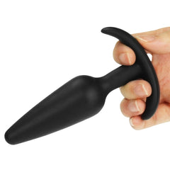 Black anal plug with slim design, medium size, and lure shape